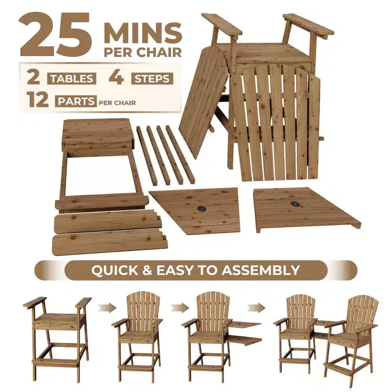 Ensemble de 2 chaises Adirondack avec plateau de connexion, chaises de balcon Adirondack hauteur bar pour terrasse, jardin, chaises Adirondack hautes, bois naturel
