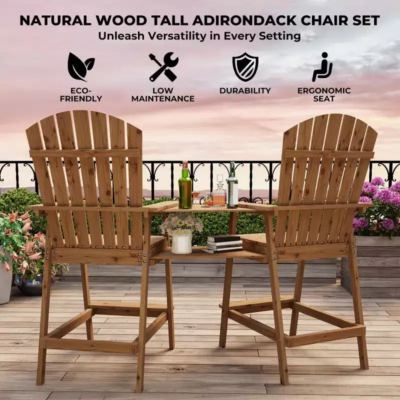Ensemble de 2 chaises Adirondack avec plateau de connexion, chaises de balcon Adirondack hauteur bar pour terrasse, jardin, chaises Adirondack hautes, bois naturel