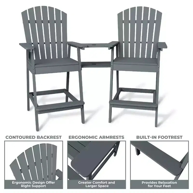 Ensemble de 2 chaises Adirondack avec plateau de connexion, chaises de balcon Adirondack hauteur bar pour terrasse, jardin, chaises Adirondack hautes, bois naturel
