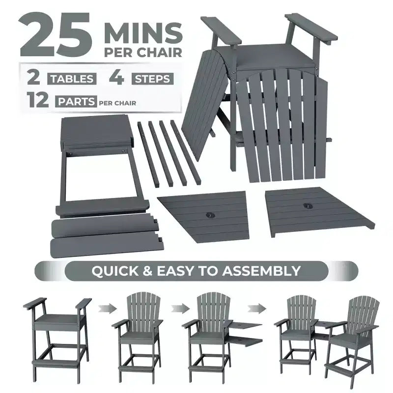 Ensemble de 2 chaises Adirondack avec plateau de connexion, chaises de balcon Adirondack hauteur bar pour terrasse, jardin, chaises Adirondack hautes, bois naturel