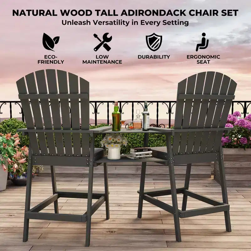 Ensemble de 2 chaises Adirondack avec plateau de connexion, chaises de balcon Adirondack hauteur bar pour terrasse, jardin, chaises Adirondack hautes, bois naturel