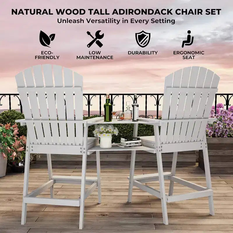 Ensemble de 2 chaises Adirondack avec plateau de connexion, chaises de balcon Adirondack hauteur bar pour terrasse, jardin, chaises Adirondack hautes, bois naturel