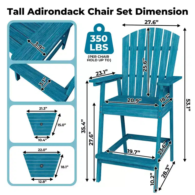 Ensemble de 2 chaises Adirondack avec plateau de connexion, chaises de balcon Adirondack hauteur bar pour terrasse, jardin, chaises Adirondack hautes, bois naturel