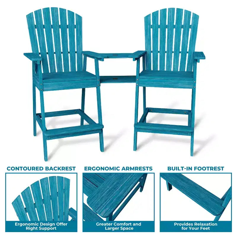 Ensemble de 2 chaises Adirondack avec plateau de connexion, chaises de balcon Adirondack hauteur bar pour terrasse, jardin, chaises Adirondack hautes, bois naturel