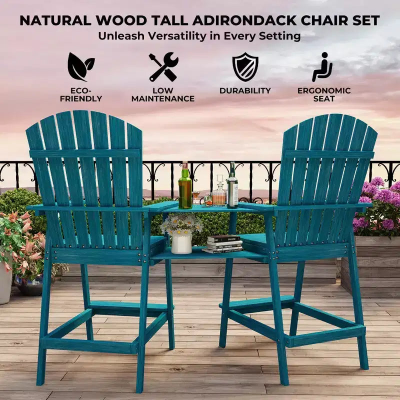 Ensemble de 2 chaises Adirondack avec plateau de connexion, chaises de balcon Adirondack hauteur bar pour terrasse, jardin, chaises Adirondack hautes, bois naturel