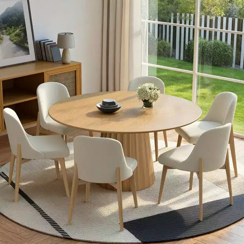 PexFix 52 Ensemble Table à Manger Ronde Moderne avec 8 Chaises Rembourrées Plateau en Bois Texturé Naturel Base Piédestal Plissée Sièges Beige pour Cuisine Salle à Manger