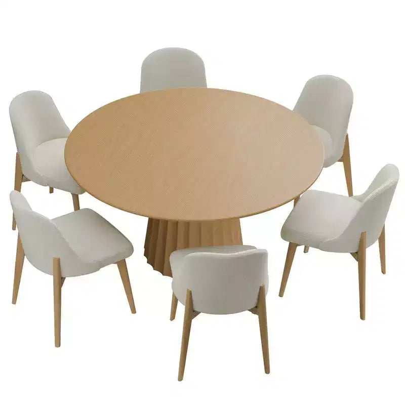 PexFix 52 Ensemble Table à Manger Ronde Moderne avec 8 Chaises Rembourrées Plateau en Bois Texturé Naturel Base Piédestal Plissée Sièges Beige pour Cuisine Salle à Manger