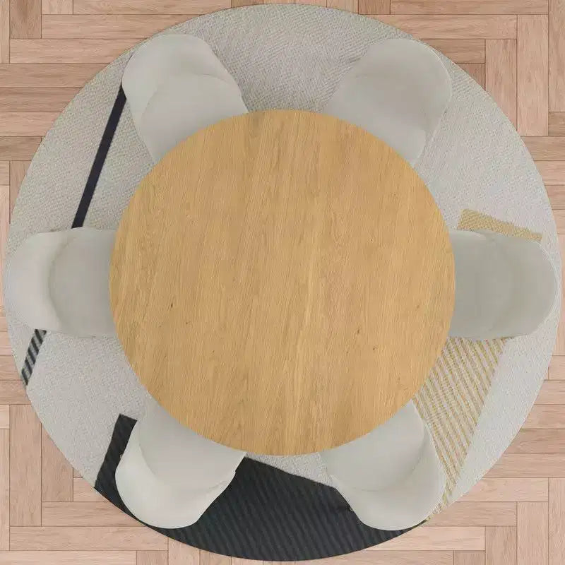 PexFix 52 Ensemble Table à Manger Ronde Moderne avec 8 Chaises Rembourrées Plateau en Bois Texturé Naturel Base Piédestal Plissée Sièges Beige pour Cuisine Salle à Manger
