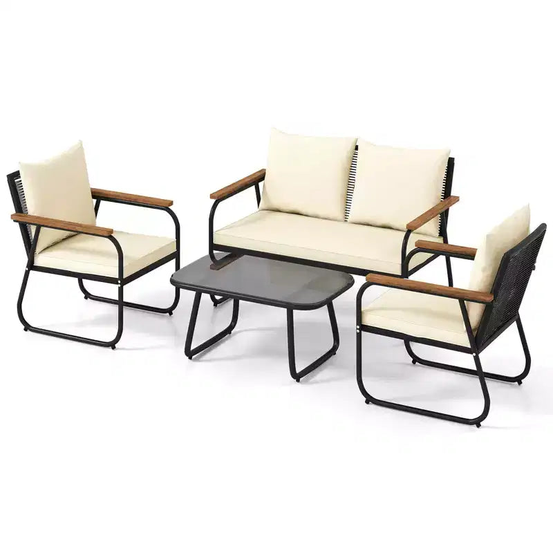 Costway Ensemble mobilier de jardin 4/8 pièces avec table basse en verre trempé Chaises en rotin d'osier PE