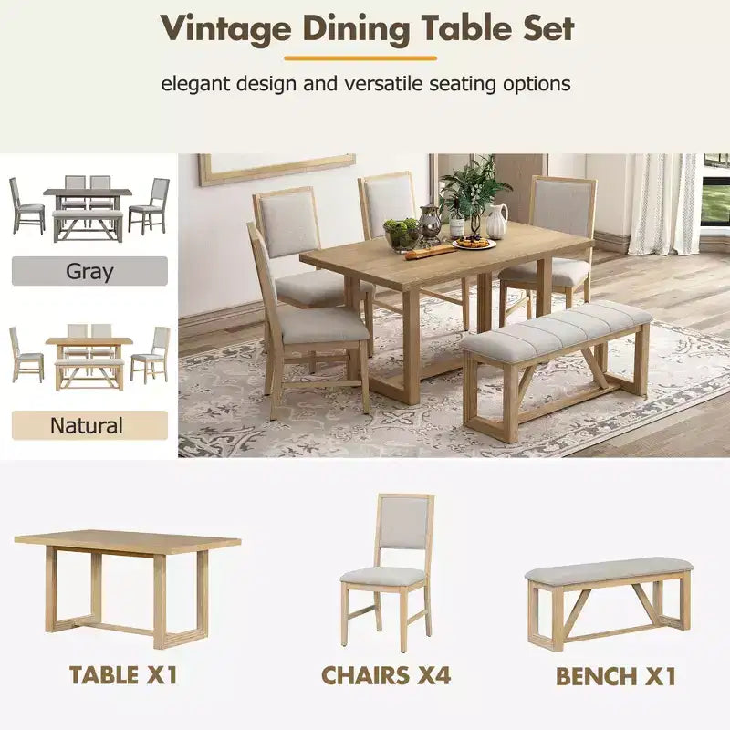 Ensemble de salle à manger GDFStudio Monica 6 pièces avec table en bois de 152 cm et chaises et banc rembourrés