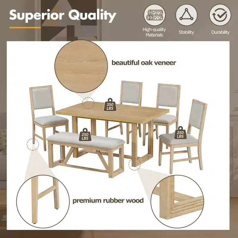 Ensemble de salle à manger GDFStudio Monica 6 pièces avec table en bois de 152 cm et chaises et banc rembourrés