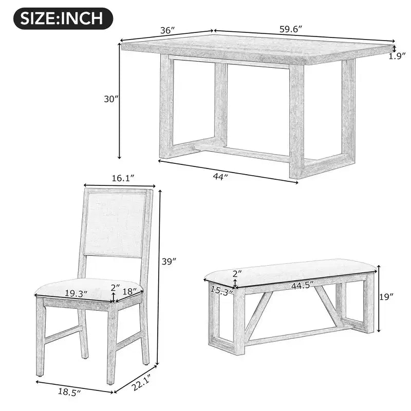 Ensemble de salle à manger GDFStudio Monica 6 pièces avec table en bois de 152 cm et chaises et banc rembourrés