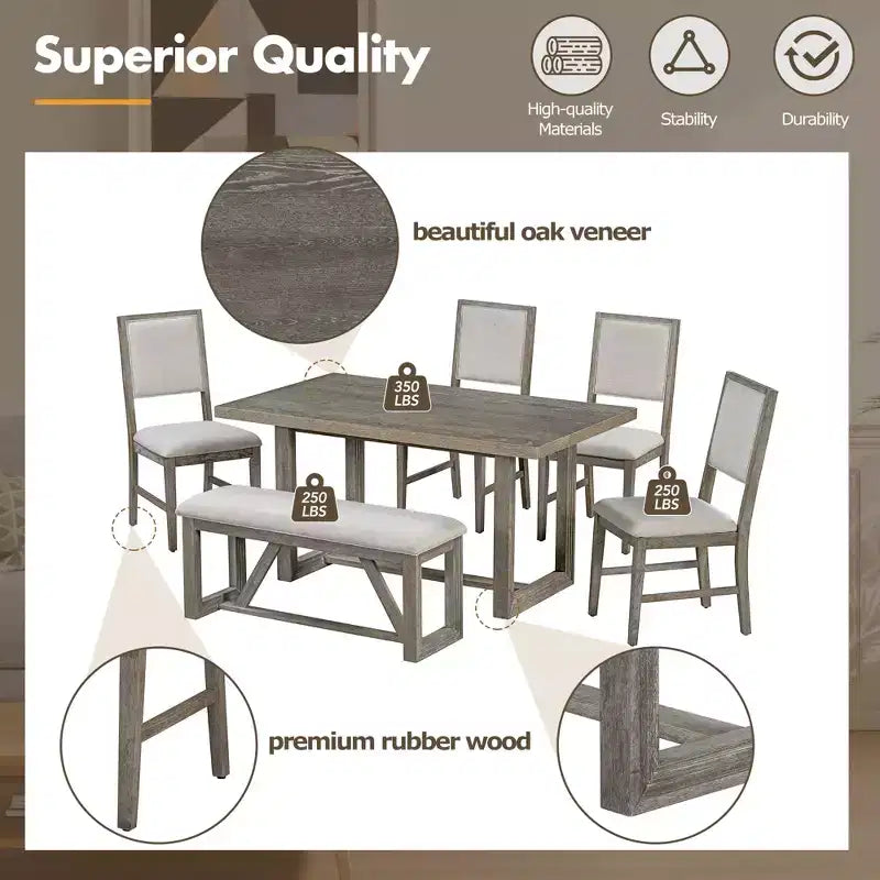Ensemble de salle à manger GDFStudio Monica 6 pièces avec table en bois de 152 cm et chaises et banc rembourrés
