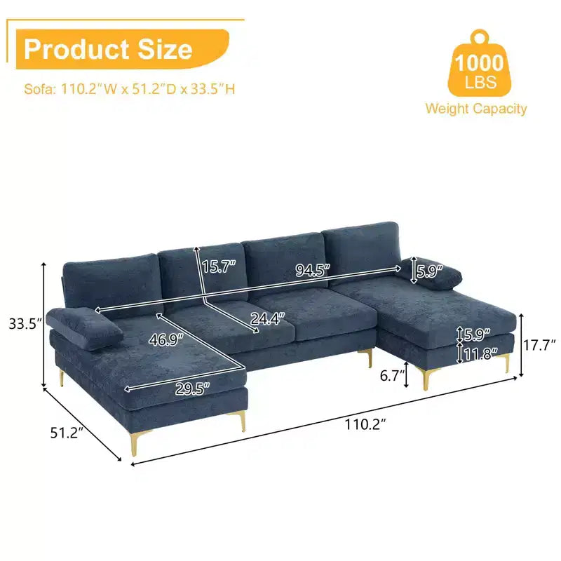 Karl Home | Canapé d'angle en U 3 places en chenille avec accoudoirs à plateau-coussin, 279,4 cm de large, beige