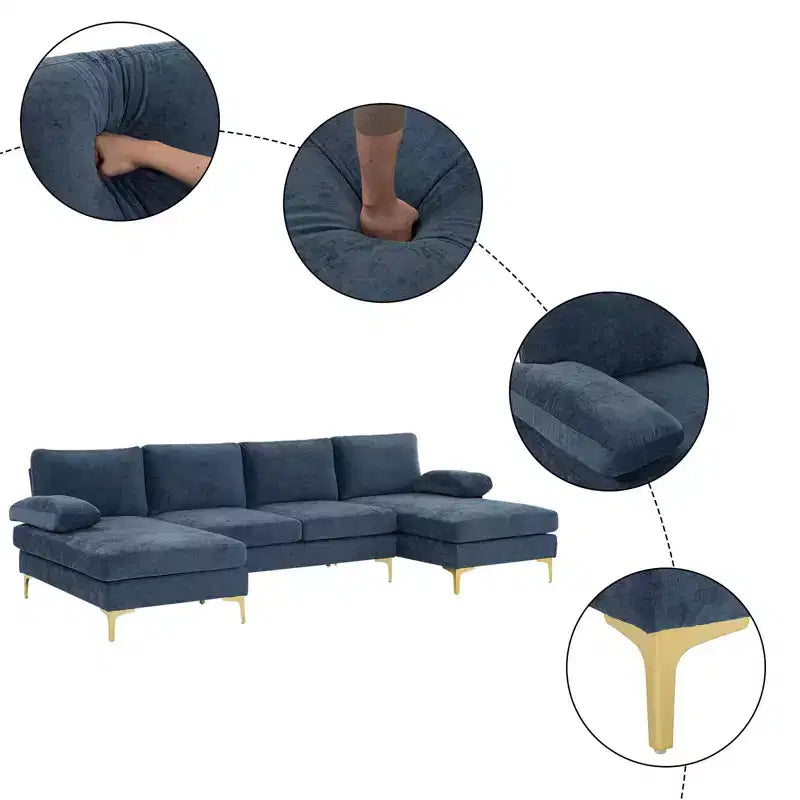 Karl Home | Canapé d'angle en U 3 places en chenille avec accoudoirs à plateau-coussin, 279,4 cm de large, beige