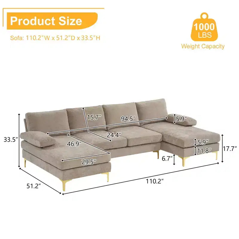 Karl Home | Canapé d'angle en U 3 places en chenille avec accoudoirs à plateau-coussin, 279,4 cm de large, beige