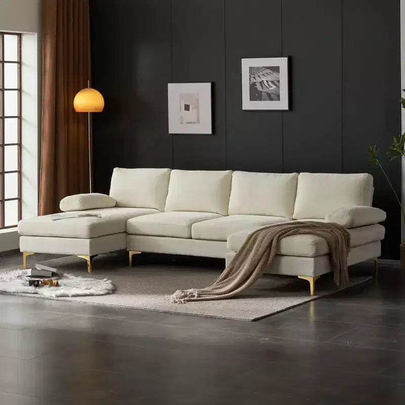 Karl Home | Canapé d'angle en U 3 places en chenille avec accoudoirs à plateau-coussin, 279,4 cm de large, beige