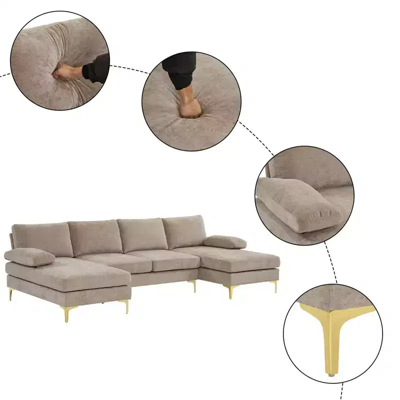 Karl Home | Canapé d'angle en U 3 places en chenille avec accoudoirs à plateau-coussin, 279,4 cm de large, beige
