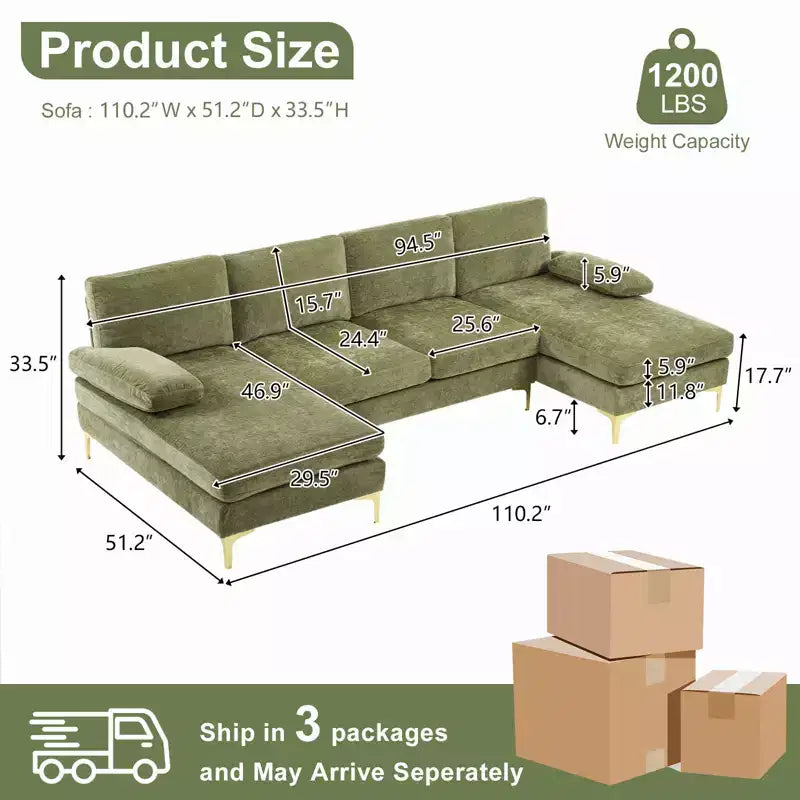 Karl Home | Canapé d'angle en U 3 places en chenille avec accoudoirs à plateau-coussin, 279,4 cm de large, beige