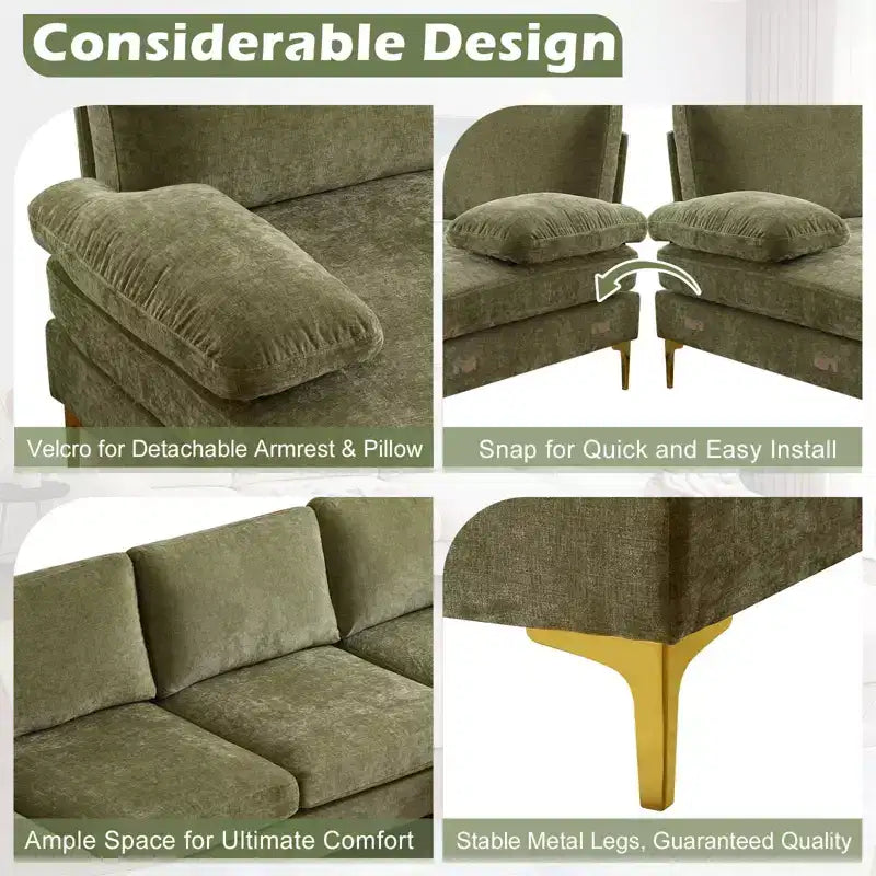 Karl Home | Canapé d'angle en U 3 places en chenille avec accoudoirs à plateau-coussin, 279,4 cm de large, beige