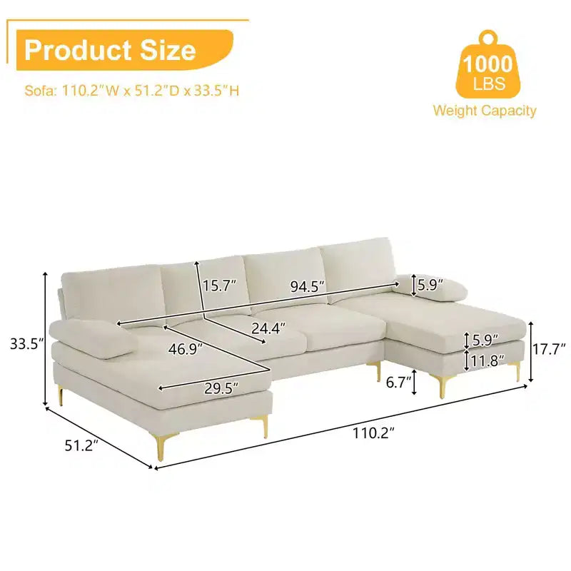 Karl Home | Canapé d'angle en U 3 places en chenille avec accoudoirs à plateau-coussin, 279,4 cm de large, beige