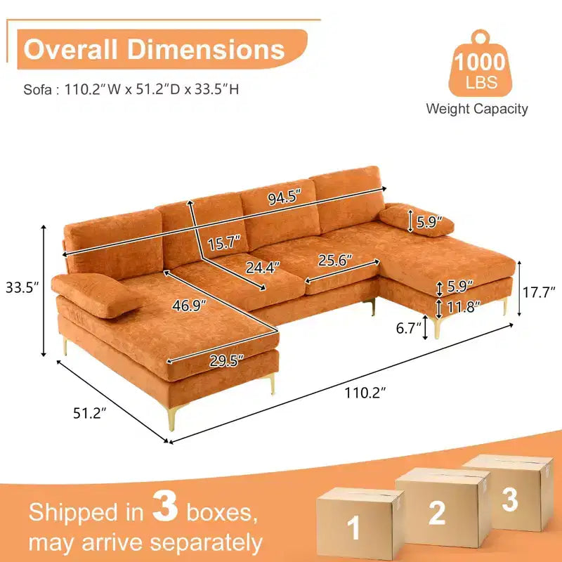 Karl Home | Canapé d'angle en U 3 places en chenille avec accoudoirs à plateau-coussin, 279,4 cm de large, beige