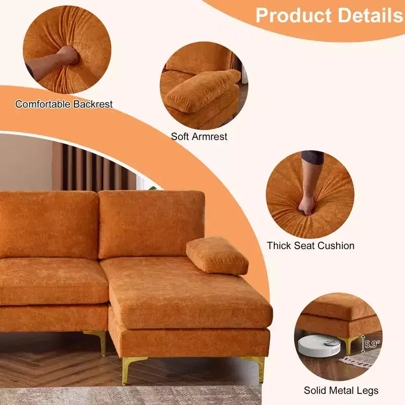 Karl Home | Canapé d'angle en U 3 places en chenille avec accoudoirs à plateau-coussin, 279,4 cm de large, beige