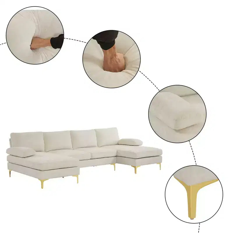 Karl Home | Canapé d'angle en U 3 places en chenille avec accoudoirs à plateau-coussin, 279,4 cm de large, beige