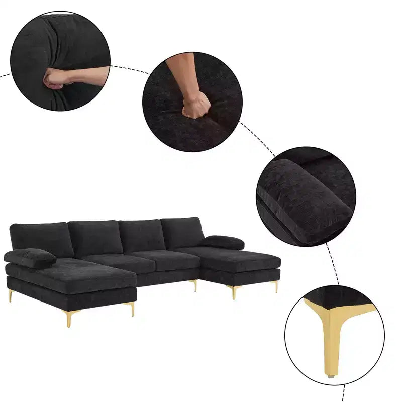 Karl Home | Canapé d'angle en U 3 places en chenille avec accoudoirs à plateau-coussin, 279,4 cm de large, beige