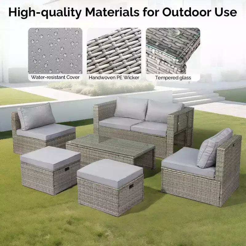 Ensemble de conversation Karl Home Patio 6 pièces en osier gris avec coussins gris