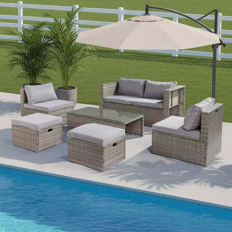 Ensemble de conversation Karl Home Patio 6 pièces en osier gris avec coussins gris