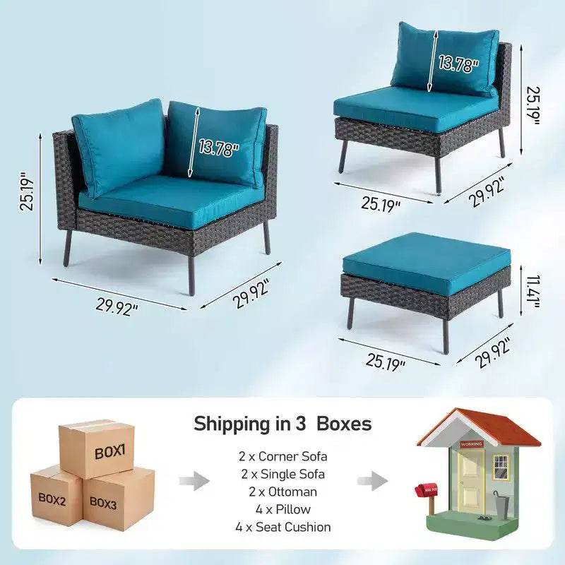 Canapé sectionnel d'extérieur 6 pièces Karl Home Patio en osier noir avec coussins vert malachite