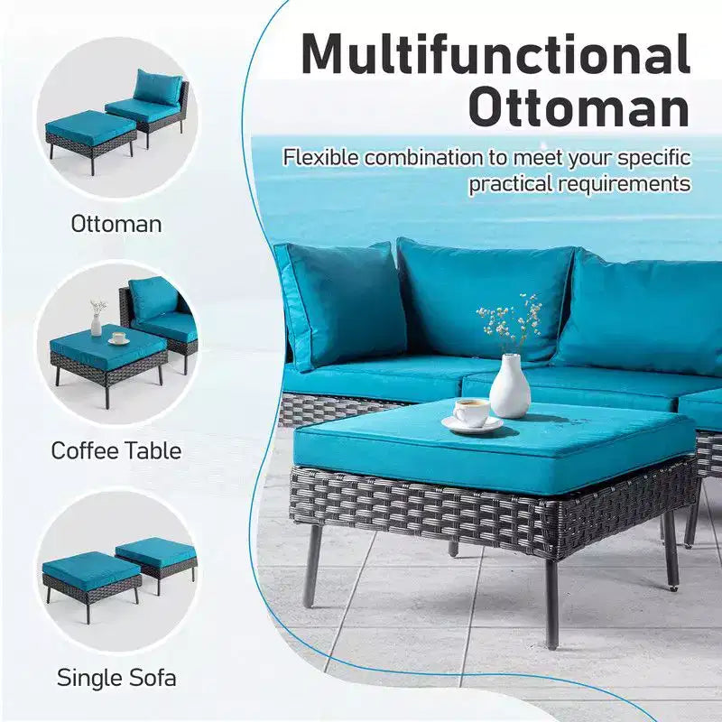 Canapé sectionnel d'extérieur 6 pièces Karl Home Patio en osier noir avec coussins vert malachite