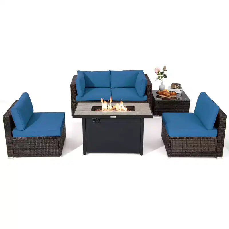 Costway Salon de jardin 6 pièces en rotin avec coussins, table brasero à gaz noir/turquoise/rouge/blanc cassé/bleu marine