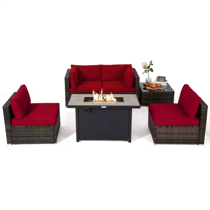 Costway Salon de jardin 6 pièces en rotin avec coussins, table brasero à gaz noir/turquoise/rouge/blanc cassé/bleu marine