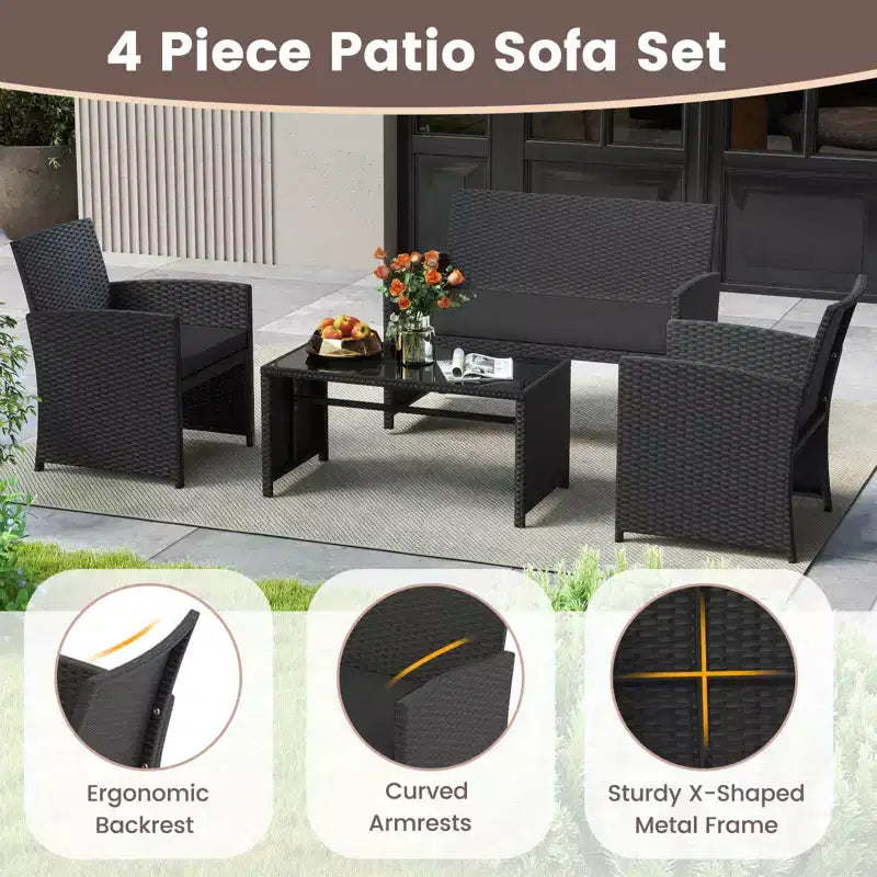 Costway Salon de jardin 8 pièces avec coussins d'assise et plateau de table en verre trempé, Extérieur Rouge/Noir/Blanc cassé/Gris/Turquoise/Bleu marine