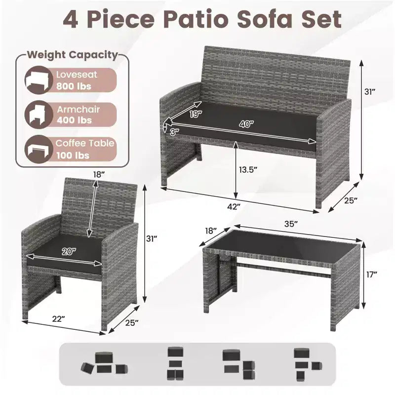 Costway Salon de jardin 8 pièces avec coussins d'assise et plateau de table en verre trempé, Extérieur Rouge/Noir/Blanc cassé/Gris/Turquoise/Bleu marine