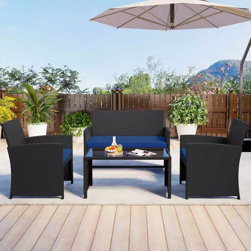 Costway Salon de jardin 8 pièces avec coussins d'assise et plateau de table en verre trempé, Extérieur Rouge/Noir/Blanc cassé/Gris/Turquoise/Bleu marine