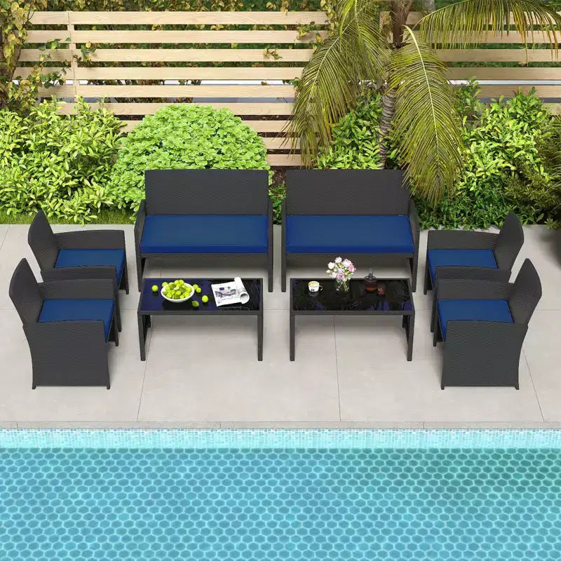 Costway Salon de jardin 8 pièces avec coussins d'assise et plateau de table en verre trempé, Extérieur Rouge/Noir/Blanc cassé/Gris/Turquoise/Bleu marine