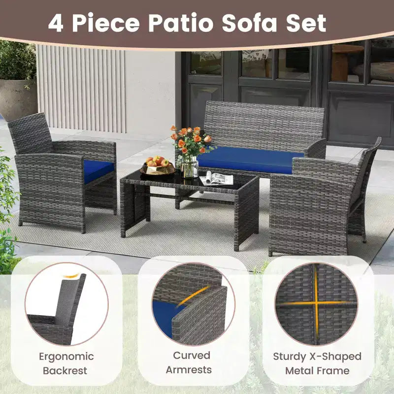 Costway Salon de jardin 8 pièces avec coussins d'assise et plateau de table en verre trempé, Extérieur Rouge/Noir/Blanc cassé/Gris/Turquoise/Bleu marine