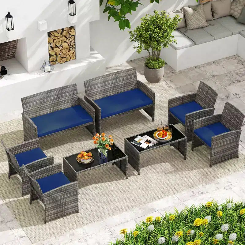 Costway Salon de jardin 8 pièces avec coussins d'assise et plateau de table en verre trempé, Extérieur Rouge/Noir/Blanc cassé/Gris/Turquoise/Bleu marine