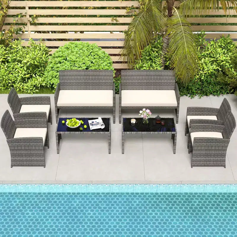 Costway Salon de jardin 8 pièces avec coussins d'assise et plateau de table en verre trempé, Extérieur Rouge/Noir/Blanc cassé/Gris/Turquoise/Bleu marine