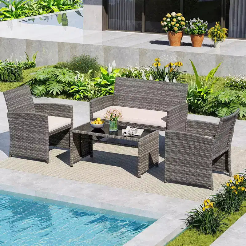 Costway Salon de jardin 8 pièces avec coussins d'assise et plateau de table en verre trempé, Extérieur Rouge/Noir/Blanc cassé/Gris/Turquoise/Bleu marine