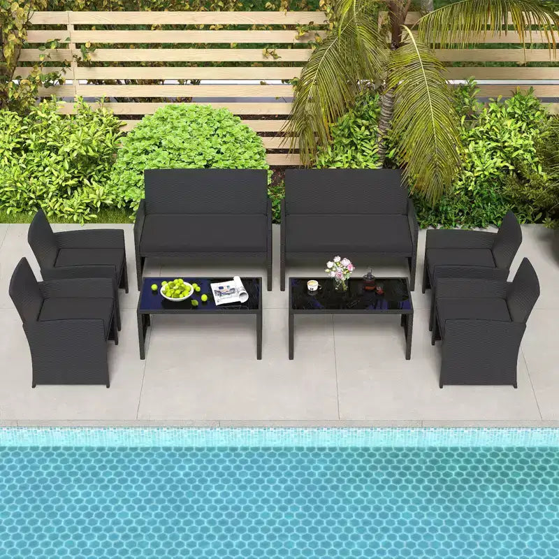 Costway Salon de jardin 8 pièces avec coussins d'assise et plateau de table en verre trempé, Extérieur Rouge/Noir/Blanc cassé/Gris/Turquoise/Bleu marine