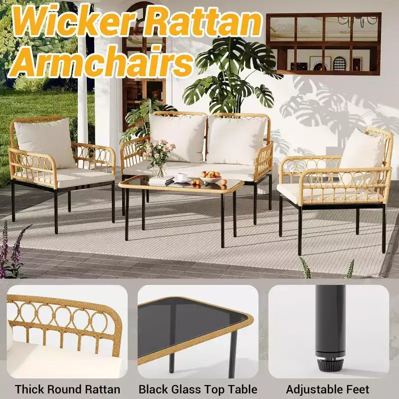 Ensemble de 4 meubles de patio en rotin – Meubles de terrasse en rotin creux, ensemble de mobilier d'extérieur en osier avec table basse en verre pour patio, arrière-cour