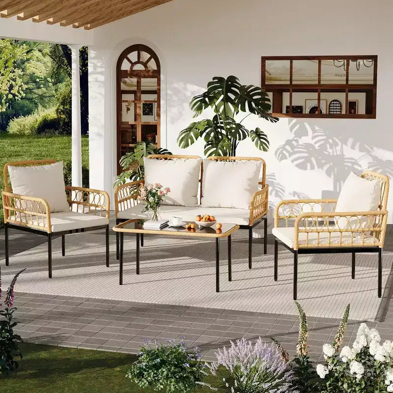 Ensemble de 4 meubles de patio en rotin – Meubles de terrasse en rotin creux, ensemble de mobilier d'extérieur en osier avec table basse en verre pour patio, arrière-cour
