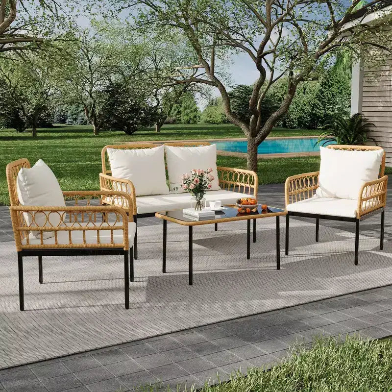 Ensemble de 4 meubles de patio en rotin – Meubles de terrasse en rotin creux, ensemble de mobilier d'extérieur en osier avec table basse en verre pour patio, arrière-cour