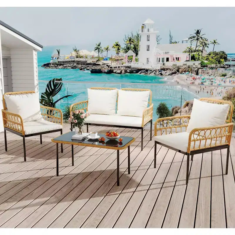 Ensemble de 4 meubles de patio en rotin – Meubles de terrasse en rotin creux, ensemble de mobilier d'extérieur en osier avec table basse en verre pour patio, arrière-cour