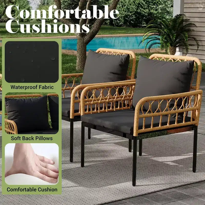 Ensemble de 4 meubles de patio en rotin – Meubles de terrasse en rotin creux, ensemble de mobilier d'extérieur en osier avec table basse en verre pour patio, arrière-cour
