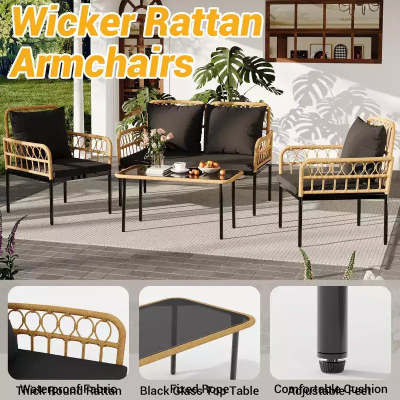 Ensemble de 4 meubles de patio en rotin – Meubles de terrasse en rotin creux, ensemble de mobilier d'extérieur en osier avec table basse en verre pour patio, arrière-cour